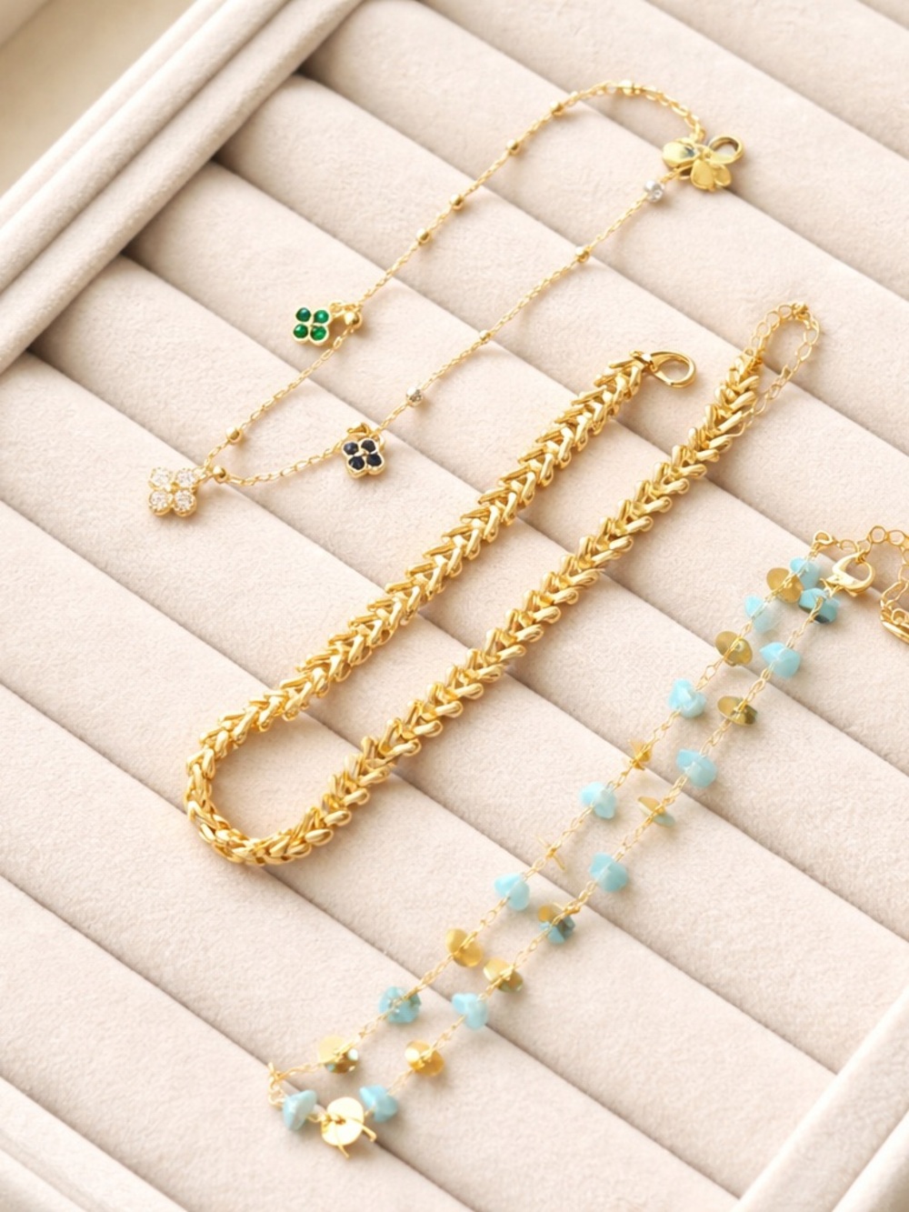 Arrow Gold & Blue Natural Stone & Clover Charm Anklet Set 3 PC